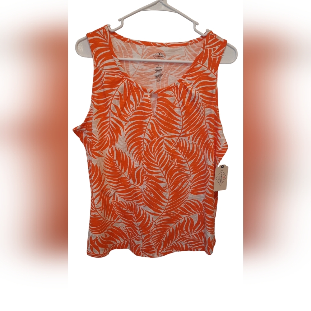 NWT! St. John's Bay Womans Tank Top Large Orange White Sleeveless Tropical Beach